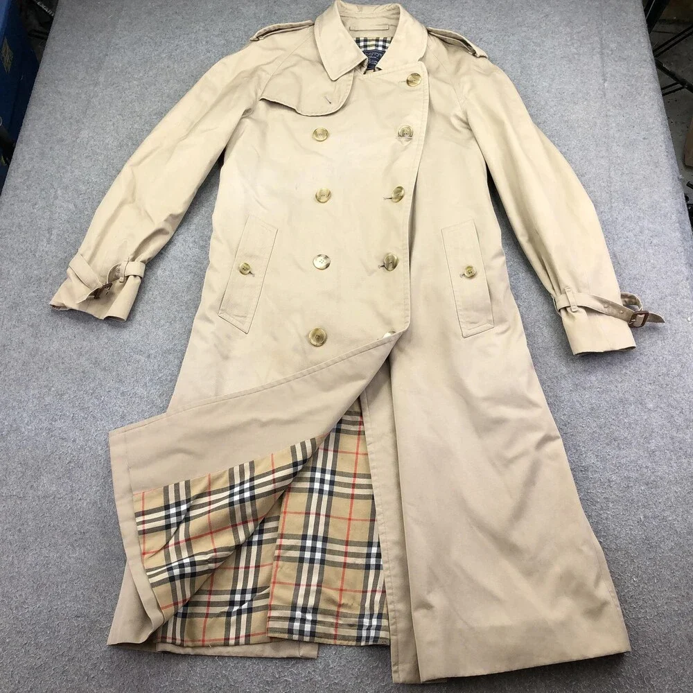 Vintage Burberrys Coat Mens 50 Beige Cotton Trench Belted Plaid Lined England